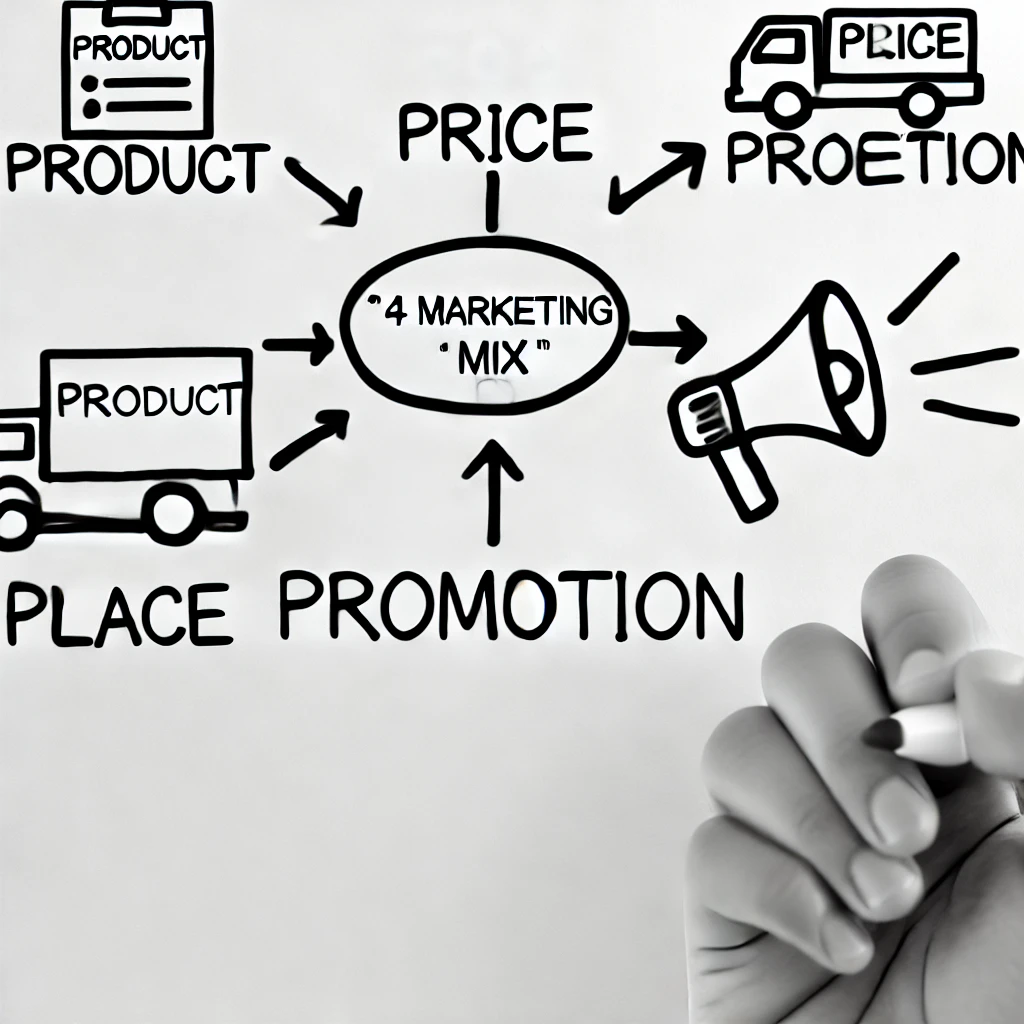 Diagrama del marketing mix con Producto, Precio, Plaza y Promoción.